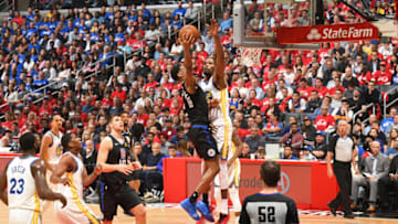 LOS ANGELES, CA - APRIL 18: Shai Gilgeous-Alexander #2 of the LA Clippers shoots the ball against the Golden State Warriors in Game Three of Round One of the 2019 NBA Playoffs on April 18, 2019 at STAPLES Center in Los Angeles, California. NOTE TO USER: User expressly acknowledges and agrees that, by downloading and/or using this Photograph, user is consenting to the terms and conditions of the Getty Images License Agreement. Mandatory Copyright Notice: Copyright 2019 NBAE (Photo by Andrew D. Bernstein/NBAE via Getty Images)