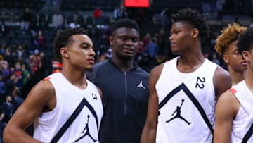 (Left to right) Tre Jones, Zion Williamson and Cam Reddish of the Duke Blue Devils (Photo by Rich Graessle/Icon Sportswire via Getty Images)
