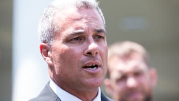 Washington, D.C. On Thursday, July 21, outside of the West Wing of the White House, Kansas City Royals General Manager, Dayton Moore, takes questions from reporters. (Photo by Cheriss May/NurPhoto via Getty Images)