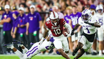 South Carolina football wide receiver Ahmarean Brown left the game against Furman with what looked like a pretty serious leg injury. Mandatory Credit: Jeff Blake-USA TODAY Sports