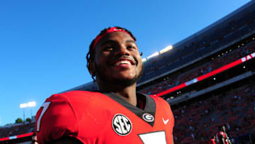 ATHENS, GA - SEPTEMBER 1: DAndre Swift #7 of the Georgia Bulldogs smiles after the game against the Austin Peay Governors on September 1, 2018 in Athens, Georgia. (Photo by Scott Cunningham/Getty Images)