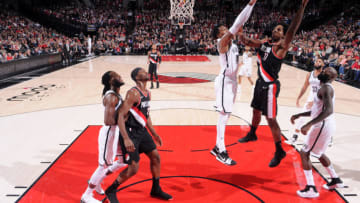 PORTLAND, OR - NOVEMBER 10: Ed Davis #17 of the Portland Trail Blazers goes for a lay up against the Brooklyn Nets on November 10, 2017 at the Moda Center in Portland, Oregon. NOTE TO USER: User expressly acknowledges and agrees that, by downloading and or using this photograph, user is consenting to the terms and conditions of the Getty Images License Agreement. Mandatory Copyright Notice: Copyright 2017 NBAE (Photo by Sam Forencich/NBAE via Getty Images)