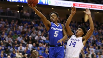NEWARK, NJ - FEBRUARY 12: Ty-Shon Alexander #5 of the Creighton Bluejays in action against Jared Rhoden #14 of the Seton Hall Pirates during a college basketball game at Prudential Center on February 12, 2020 in Newark, New Jersey. Creighton defeated Seton Hall 87-82. (Photo by Rich Schultz/Getty Images)