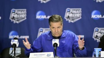Apr 3, 2014; Arlington, TX, USA; Kentucky Wildcats head coach John Calipari during a press conference before the semifinals of the Final Four in the 2014 NCAA Mens Division I Championship tournament at AT&T Stadium. Mandatory Credit: Bob Donnan-USA TODAY Sports