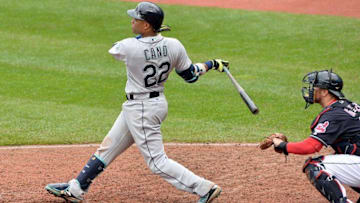 Apr 21, 2016; Cleveland, OH, USA; Seattle Mariners second baseman Robinson Cano (22) hits a three-run home run during the tenth inning against the Cleveland Indians at Progressive Field. Mandatory Credit: Ken Blaze-USA TODAY Sports