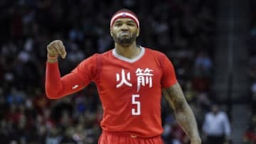 Feb 21, 2015; Houston, TX, USA; Houston Rockets forward Josh Smith (5) reacts after a play during the third quarter against the Toronto Raptors at Toyota Center. The Rockets defeated the Raptors 98-76. Mandatory Credit: Troy Taormina-USA TODAY Sports