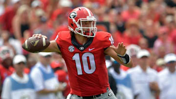 Sep 10, 2016; Athens, GA, USA; Georgia Bulldogs quarterback Jacob Eason (10) passes against the Nicholls State Colonels during the second quarter at Sanford Stadium. Mandatory Credit: Dale Zanine-USA TODAY Sports