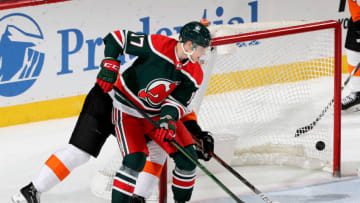 NEWARK, NEW JERSEY - APRIL 27: Yegor Sharangovich #17 of the New Jersey Devils scores in the third period against the Philadelphia Flyers at Prudential Center on April 27, 2021 in Newark, New Jersey.The New Jersey Devils defeated the Philadelphia Flyers 6-4. (Photo by Elsa/Getty Images)