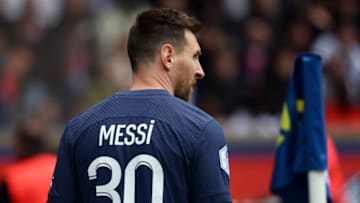 PARIS, FRANCE - APRIL 30: Lionel Messi of PSG during the Ligue 1 Uber Eats match between Paris Saint-Germain (PSG) and FC Lorient at Parc des Princes stadium on April 30, 2023 in Paris, France. (Photo by Jean Catuffe/Getty Images)