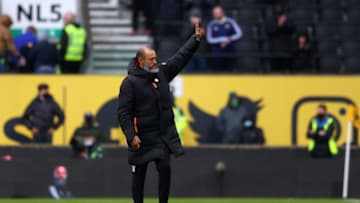 WOLVERHAMPTON, ENGLAND - MAY 23: Nuno Espirito Santo Manager of Wolverhampton Wanderers acknowledges with the fans after his last Premier League match between Wolverhampton Wanderers and Manchester United at Molineux on May 23, 2021 in Wolverhampton, England. A limited number of fans will be allowed into Premier League stadiums as Coronavirus restrictions begin to ease in the UK following the COVID-19 pandemic. (Photo by Catherine Ivill/Getty Images)