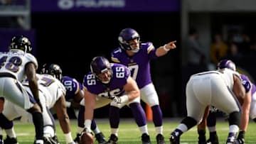MINNEAPOLIS, MN - OCTOBER 22: Case Keenum #7 of the Minnesota Vikings calls a play at the line of scrimmage in the first half of the game agains the Baltimore Ravens on October 22, 2017 at U.S. Bank Stadium in Minneapolis, Minnesota. (Photo by Hannah Foslien/Getty Images)