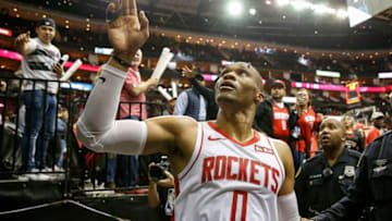 OKC Thunder: Russell Westbrook #0 of the Houston Rockets celebrates (Photo by Tim Warner/Getty Images)