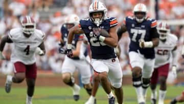 Auburn football running back Jeremiah Cobb (23) breaks free for a long rouchdown run against UMass during their game at Jordan-Hare Stadium on the Auburn University campus in Auburn, Ala., on Saturday September 2, 2023.