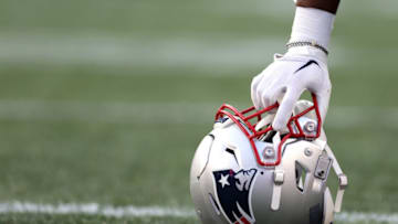 FOXBOROUGH, MASSACHUSETTS - AUGUST 19: A detail of a New England Patriots helmet during the preseason game between the New England Patriots and the Carolina Panthers at Gillette Stadium on August 19, 2022 in Foxborough, Massachusetts. (Photo by Maddie Meyer/Getty Images)