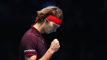 LONDON, ENGLAND - NOVEMBER 16: Alexander Zverev of Germany celebrates a point in his Singles match against Jack Sock of the United States during day five of the Nitto ATP World Tour Finals at O2 Arena on November 16, 2017 in London, England. (Photo by Naomi Baker/Getty Images)