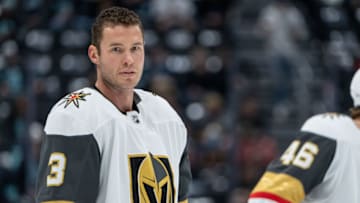 Apr 1, 2022; Seattle, Washington, USA; Las Vegas Golden Knights defenseman Brayden McNabb (3) before a game against the Seattle Kraken at Climate Pledge Arena. Mandatory Credit: Stephen Brashear-USA TODAY Sports