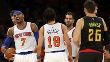 Oct 29, 2015; New York, NY, USA; New York Knicks forward Carmelo Anthony (7) reacts after being called for a foul against the Atlanta Hawks during the first half of an NBA basketball game at Madison Square Garden. Mandatory Credit: Adam Hunger-USA TODAY Sports