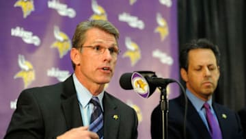 EDEN PRAIRIE, MN - SEPTEMBER 17: General Manager Rick Spielman and Owner Mark Wilf of the Minnesota Vikings speaks to the media during a press conference on September 17, 2014 at Winter Park in Eden Prairie, Minnesota. The Vikings addressed their decision to put Adrian Peterson on the commissioner's exempt list until Peterson's child-abuse case has been resolved. (Photo by Hannah Foslien/Getty Images)