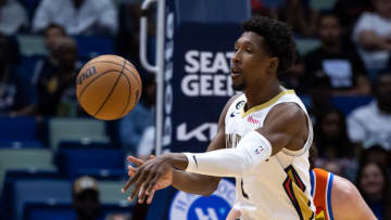 Mar 11, 2023; New Orleans, Louisiana, USA; New Orleans Pelicans guard Josh Richardson (2) passes the ball against the Oklahoma City Thunder during the first half at Smoothie King Center. Mandatory Credit: Stephen Lew-USA TODAY Sports