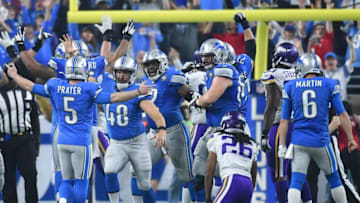 Nov 24, 2016; Detroit, MI, USA; Detroit Lions kicker Matt Prater (5) celebrates after kicking the game winning field goal during the fourth quarter of a NFL game on Thanksgiving against the Minnesota Vikings at Ford Field. Mandatory Credit: Tim Fuller-USA TODAY Sports
