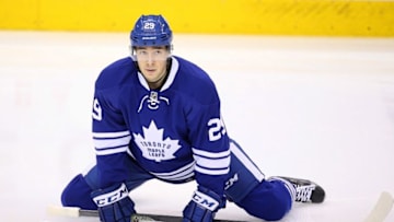 Mar 26, 2016; Toronto, Ontario, CAN; Toronto Maple Leafs defenseman Rinat Valiev (29) warms up before playing against the Boston Bruins at Air Canada Centre. Mandatory Credit: Tom Szczerbowski-USA TODAY Sports