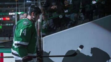Jan 25, 2016; Dallas, TX, USA; Dallas Stars left wing Jamie Benn (14) leaves the ice after being named the number one star in the win over the Calgary Flames at the American Airlines Center. The Stars defeat the Flames 2-1. Mandatory Credit: Jerome Miron-USA TODAY Sports