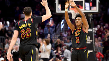 CLEVELAND, OHIO - MARCH 08: Larry Nance Jr. #22 and Collin Sexton #2 of the Cleveland Cavaliers celebrate a play during overtime against the San Antonio Spurs at Rocket Mortgage Fieldhouse on March 08, 2020 in Cleveland, Ohio. The Cavaliers defeated the Spurs 132-129. NOTE TO USER: User expressly acknowledges and agrees that, by downloading and/or using this photograph, user is consenting to the terms and conditions of the Getty Images License Agreement. (Photo by Jason Miller/Getty Images)