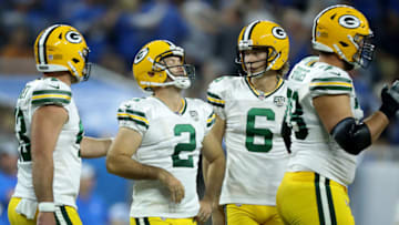 DETROIT, MI - OCTOBER 07: Kicker Mason Crosby #2 of the Green Bay Packers reacts to missing one of the three field goal attempts against the Detroit Lions during the first half at Ford Field on October 7, 2018 in Detroit, Michigan. (Photo by Leon Halip/Getty Images)
