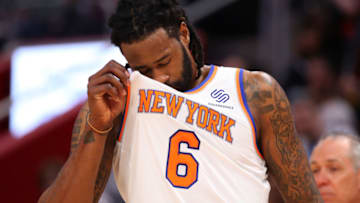DETROIT, MICHIGAN - FEBRUARY 08: DeAndre Jordan #6 of the New York Knicks wipes sweat from his face while playing the Detroit Pistons at Little Caesars Arena on February 08, 2019 in Detroit, Michigan. Detroit won the game 120-103. NOTE TO USER: User expressly acknowledges and agrees that, by downloading and or using this photograph, User is consenting to the terms and conditions of the Getty Images License Agreement. (Photo by Gregory Shamus/Getty Images)