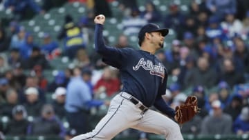 CHICAGO, IL - APRIL 13: Starting pitcher Anibal Sanchez #19 of the Atlanta Braves delivers the ball against the Chicago Cubs at Wrigley Field on April 13, 2018 in Chicago, Illinois. The Braves defeated the Cubs 4-0. (Photo by Jonathan Daniel/Getty Images)