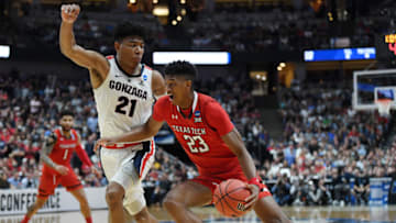 ANAHEIM, CALIFORNIA - MARCH 30: Jarrett Culver #23 of the Texas Tech Red Raiders drives against Rui Hachimura #21 of the Gonzaga Bulldogs during the second half of the 2019 NCAA Men's Basketball Tournament West Regional at Honda Center on March 30, 2019 in Anaheim, California. (Photo by Harry How/Getty Images)