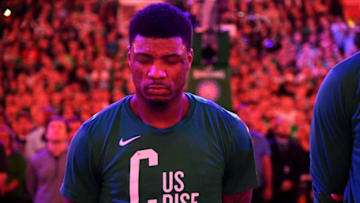 BOSTON, MA - MAY 27: Marcus Smart #36 of the Boston Celtics stands for the national anthem before Game Seven of the Eastern Conference Finals of the 2018 NBA Playoffs between the Cleveland Cavaliers and Boston Celtics on May 27, 2018 at the TD Garden in Boston, Massachusetts. NOTE TO USER: User expressly acknowledges and agrees that, by downloading and or using this photograph, User is consenting to the terms and conditions of the Getty Images License Agreement. Mandatory Copyright Notice: Copyright 2018 NBAE (Photo by Brian Babineau/NBAE via Getty Images)