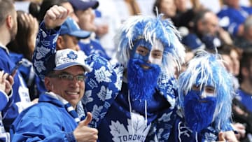 Fans gets set for action between the Boston Bruins and the Toronto Maple Leafs in Game Three of the Eastern Conference First Round during the 2019 NHL Stanley Cup Playoffs. (Photo by Claus Andersen/Getty Images)