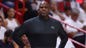 MIAMI, FLORIDA - APRIL 17: Head coach Nate McMillan of the Atlanta Hawks reacts against the Miami Heat during the first half in Game One of the Eastern Conference First Round at FTX Arena on April 17, 2022 in Miami, Florida. NOTE TO USER: User expressly acknowledges and agrees that, by downloading and or using this photograph, User is consenting to the terms and conditions of the Getty Images License Agreement. (Photo by Michael Reaves/Getty Images)
