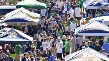 Oct 22, 2022; South Bend, Indiana, USA; Fans tailgate outside Notre Dame Stadium before the game between the Notre Dame Fighting Irish and the UNLV Rebels. Mandatory Credit: Matt Cashore-USA TODAY Sports