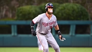 Aug 30, 2016; Philadelphia, PA, USA; Washington Nationals right fielder Bryce Harper (34) takes a lead after hitting an RBI double during the first inning against the Philadelphia Phillies at Citizens Bank Park. Mandatory Credit: Eric Hartline-USA TODAY Sports