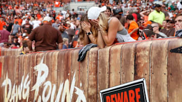 CLEVELAND, OH - OCTOBER 08: Cleveland Browns fans react to a missed field goal in the second quarter at FirstEnergy Stadium on October 8, 2017 in Cleveland, Ohio. (Photo by Joe Robbins/Getty Images)
