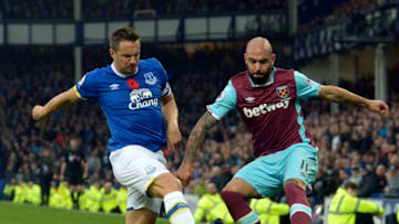 LIVERPOOL, ENGLAND - OCTOBER 30: Simone Zaza of West Ham United in action with Phil Jagielka of Everton during the Premier League match between Everton and West Ham United at Goodison Park on October 30, 2016 in Liverpool, England. (Photo by Arfa Griffiths/West Ham United via Getty Images)