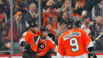 PHILADELPHIA, PA - OCTOBER 16: Claude Giroux #28 of the Philadelphia Flyers celebrates his second period goal against the Florida Panthers with Jakub Voracek #93 and Ivan Provorov #9on October 16, 2018 at the Wells Fargo Center in Philadelphia, Pennsylvania. (Photo by Len Redkoles/NHLI via Getty Images)