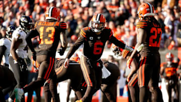 CLEVELAND, OH - DECEMBER 22: Baker Mayfield #6 of the Cleveland Browns gives a play to Odell Beckham Jr. #13 during the game against the Baltimore Ravens at FirstEnergy Stadium on December 22, 2019 in Cleveland, Ohio. Baltimore defeated Cleveland 31-15. (Photo by Kirk Irwin/Getty Images)
