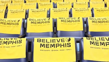 Apr 22, 2016; Memphis, TN, USA; General view of towels on the seats prior to the San Antonio Spurs at the Memphis Grizzlies in game three of the first round of the NBA Playoffs at FedExForum. Mandatory Credit: Nelson Chenault-USA TODAY Sports