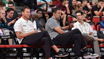 Las Vegas, NV - JULY 11: Sacramento Kings Head Coach Luke Walton and General Manager Vlade Divac attend a game between the Sacramento Kings and LA Clippers during Day 7 of the 2019 Las Vegas Summer League on July 11, 2019 at the Cox Pavilion in Las Vegas, Nevada. NOTE TO USER: User expressly acknowledges and agrees that, by downloading and or using this Photograph, user is consenting to the terms and conditions of the Getty Images License Agreement. Mandatory Copyright Notice: Copyright 2019 NBAE (Photo by David Dow/NBAE via Getty Images)