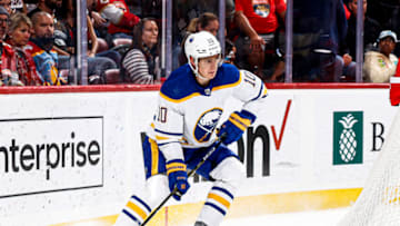 SUNRISE, FL - APRIL 4: Henri Jokiharju #10 of the Buffalo Sabres clears the puck from behind the net against the Florida Panthers at the FLA Live Arena on April 4, 2023 in Sunrise, Florida. (Photo by Joel Auerbach/Getty Images)