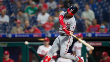 PHILADELPHIA, PA - SEPTEMBER 12: Bryce Harper #34 of the Washington Nationals hits a two run home run in the top of the first inning against the Philadelphia Phillies at Citizens Bank Park on September 12, 2018 in Philadelphia, Pennsylvania. (Photo by Mitchell Leff/Getty Images)