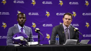 EAGAN, MN - FEBRUARY 17: General Manager Kwesi Adofo-Mensah (L) and Head coach Kevin O'Connell of the Minnesota Vikings address the media at TCO Performance Center on February 17, 2022 in Eagan, Minnesota. (Photo by David Berding/Getty Images)