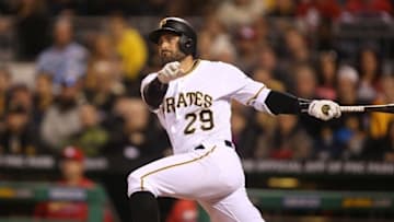 Apr 6, 2016; Pittsburgh, PA, USA; Pittsburgh Pirates catcher Francisco Cervelli (29) hits a two run double against the St. Louis Cardinals during the fifth inning at PNC Park. Mandatory Credit: Charles LeClaire-USA TODAY Sports