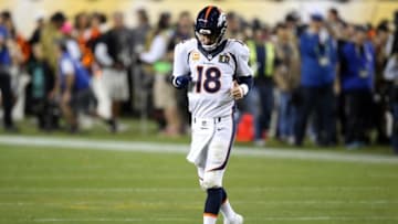 Feb 7, 2016; Santa Clara, CA, USA; Denver Broncos quarterback Peyton Manning (18) runs onto the field during the fourth quarter against the Carolina Panthers in Super Bowl 50 at Levi