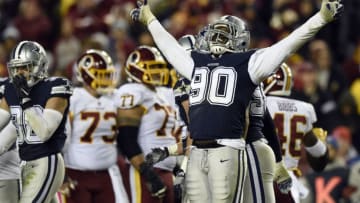 LANDOVER, MD - OCTOBER 21: Defensive end Demarcus Lawrence #90 of the Dallas Cowboys reacts after a play in the fourth quarter against the Washington Redskins at FedExField on October 21, 2018 in Landover, Maryland. (Photo by Patrick McDermott/Getty Images)