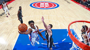 DETROIT, MI - FEBRUARY 7: Reggie Jackson #1 of the Detroit Pistons shoots the ball during the game against the Brooklyn Nets on February 7, 2018 at Little Caesars Arena, Michigan. NOTE TO USER: User expressly acknowledges and agrees that, by downloading and/or using this photograph, User is consenting to the terms and conditions of the Getty Images License Agreement. Mandatory Copyright Notice: Copyright 2018 NBAE (Photo by Brian Sevald/NBAE via Getty Images)