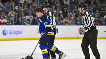Mar 19, 2023; St. Louis, Missouri, USA; St. Louis Blues defenseman Torey Krug (47) kicks his helmet after receiving a game misconduct against the Winnipeg Jets during the first period at Enterprise Center. Mandatory Credit: Jeff Curry-USA TODAY Sports